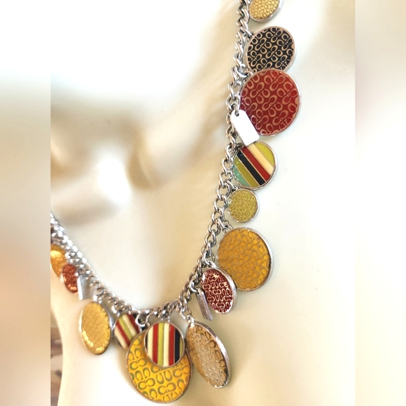 COACH Rare HTF Chunky Silver Metal Logo Yellow GOLD Charm CC Toggle Necklace - Picture 4 of 12